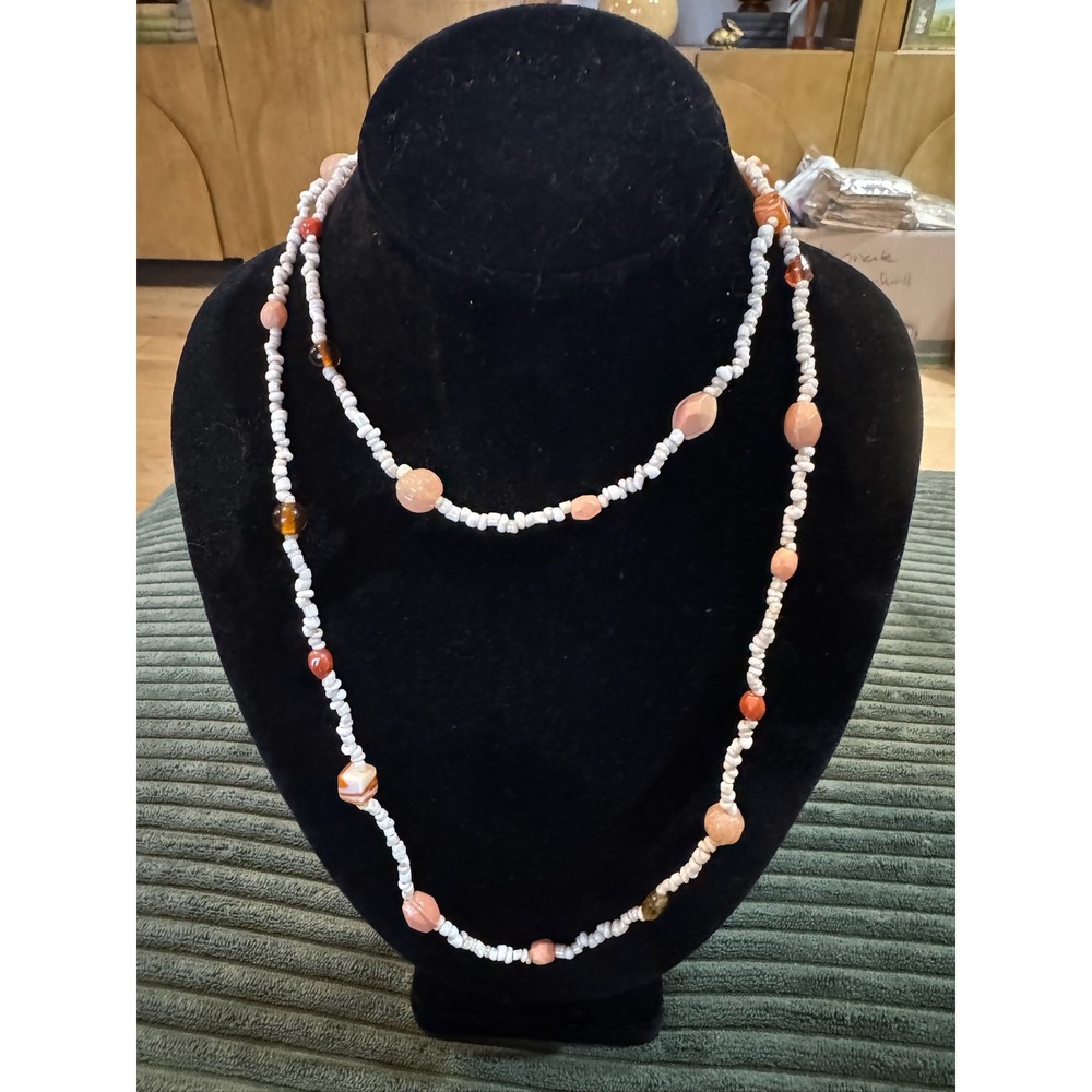 Long Beaded Necklace with‎ Coral and Amber Tone Accents, Boho Chic Style